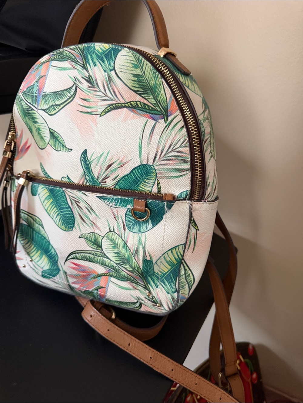 Aldo Tropical Leaf Print Mini Backpack - White, Green & Pink